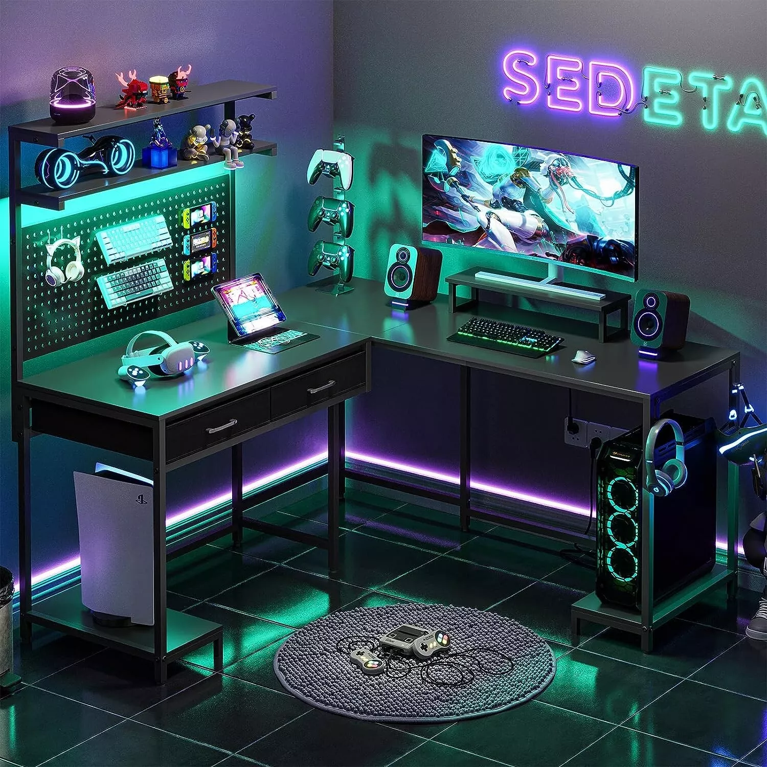 L Shaped Gaming Desk with LED Lights and Hutch, Co